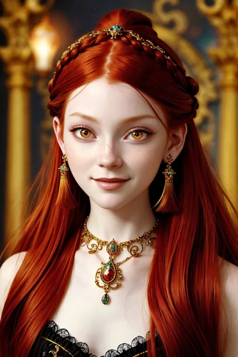 (baroque style, ornate, magical, dramatic, highly detailed:1.15), <lora:sd15_ChandlerLovelle_v1:.9> ChandlerLovelle with long red hair, focus on eyes, close up on face, smiling, wearing jewelry, hair styled fringe hair,