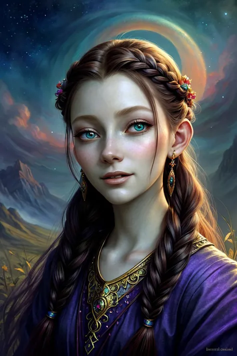 (ethereal fantasy concept art, magnificent, celestial, ethereal, painterly, epic, majestic, magical, fantasy art, cover art, dreamy:1.15), <lora:sd15_ChandlerLovelle_v1:.9> ChandlerLovelle , focus on eyes, close up on face, laughing, wearing jewelry, hair styled lace braid,