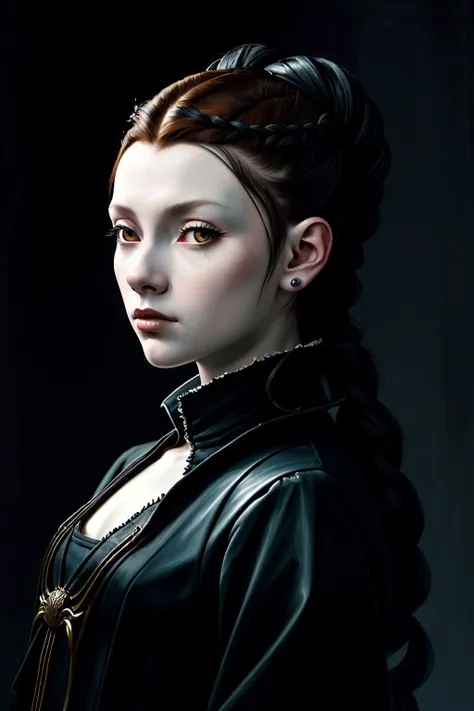 (tenebrist painting, high contrast, dramatic lighting, Caravaggio style:1.15), half-body <lora:sd15_ChandlerLovelle_v1:.9> ChandlerLovelle , focus on face, wearing cosplay clothing , her hair is styled as Straight Fishtail Braid,