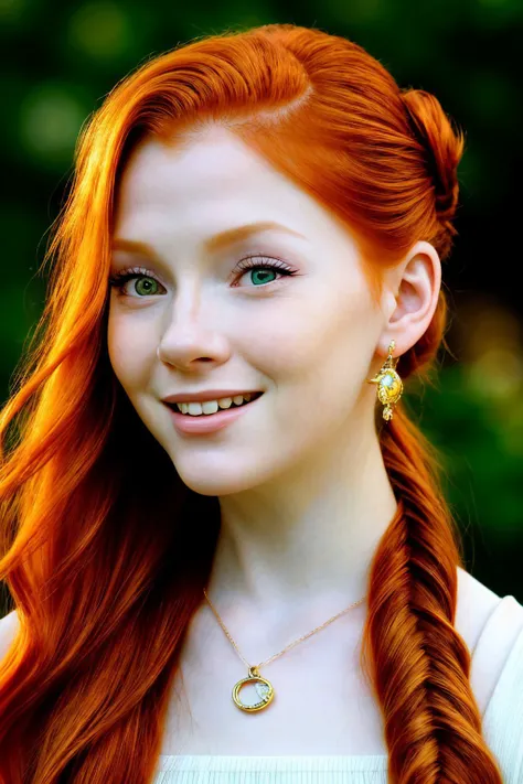 cinematic photo, 35mm photograph, film, bokeh, professional, 4k, highly detailed, photo of <lora:sd15_ChandlerLovelle_v1:.9> ChandlerLovelle with long red hair, focus on eyes, close up on face, grinning, wearing jewelry, blond color hair styled fishtail bun,