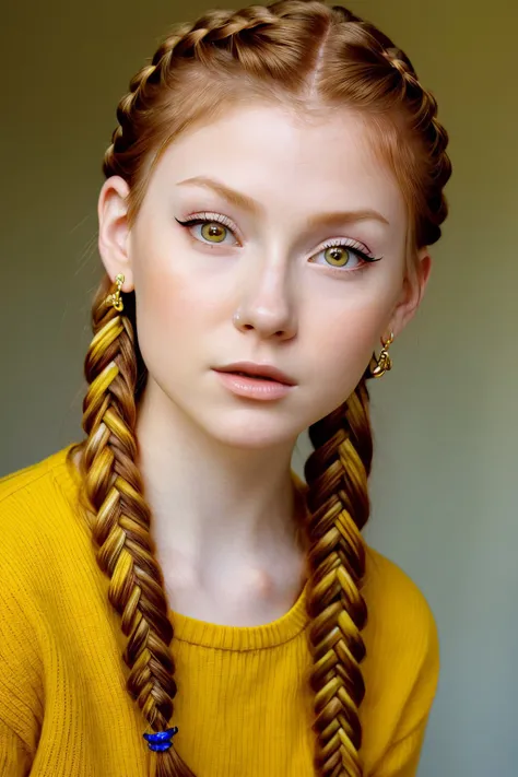 photo of <lora:sd15_ChandlerLovelle_v1:.9> ChandlerLovelle , focus on eyes, close up on face, wearing jewelry, color mustard hair styled zigzag braid,