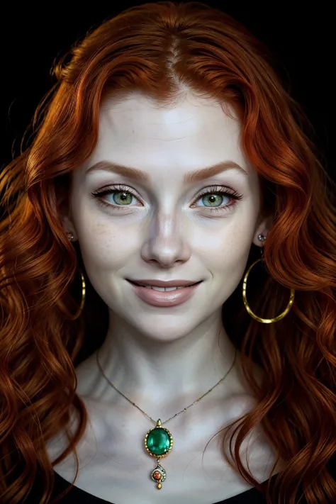 photo of <lora:sd15_ChandlerLovelle_v1:.9> ChandlerLovelle with red orange hair, focus on eyes, close up on face, grinning, wearing jewelry, hair styled Curly Hollywood Waves, cinematic lighting