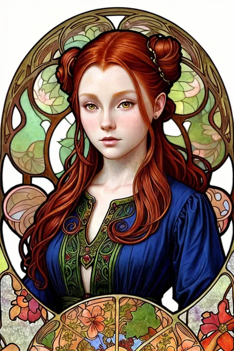 (nouveau style, ornamental, nature, highly detailed, Mucha style:1.15), <lora:sd15_ChandlerLovelle_v1:.9> ChandlerLovelle with long red hair, focus on eyes, close up on face, hair styled mussed-up bun, ND filter