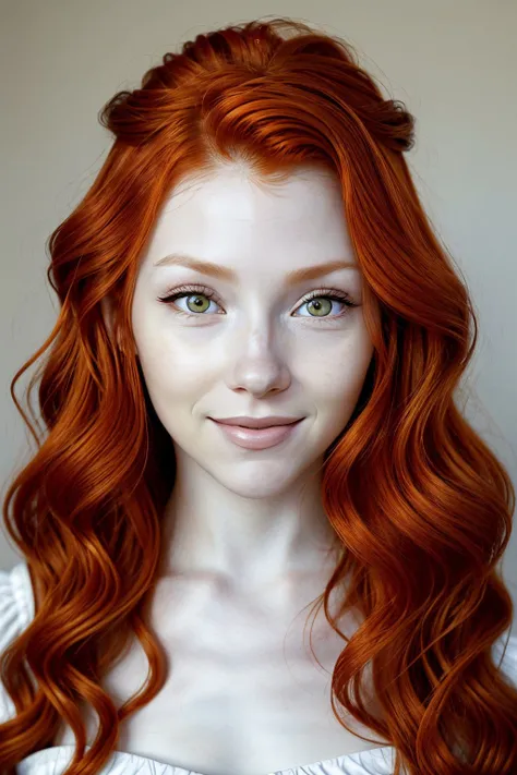 photo of <lora:sd15_ChandlerLovelle_v1:.9> ChandlerLovelle with red orange hair, focus on eyes, close up on face, smiling, Navajo white color hair styled voluminous curls, ND filter