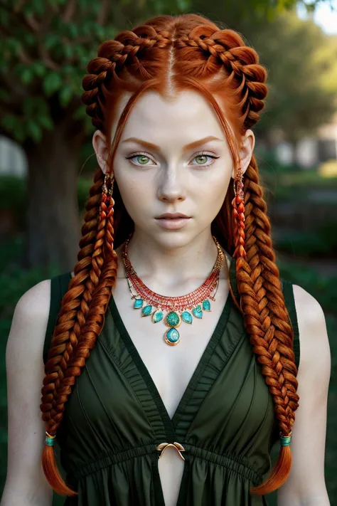 photo of <lora:sd15_ChandlerLovelle_v1:.9> ChandlerLovelle with red orange hair, focus on eyes, close up on face, wearing jewelry, hair styled tree braids,