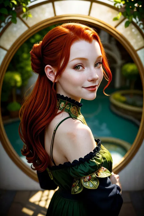 (nouveau style, ornamental, nature, highly detailed, Mucha style:1.15), (from above, closeup on face:1.2) <lora:sd15_ChandlerLovelle_v1:.9> ChandlerLovelle with long red hair, smiling, from behind,4:: she is wearing seal costume , her hair is styled as half-up bun, BREAK she is (in the patio:1.1), soft lighting, hologram effect,8mm fisheye lens , in the style of Alex Timmermans