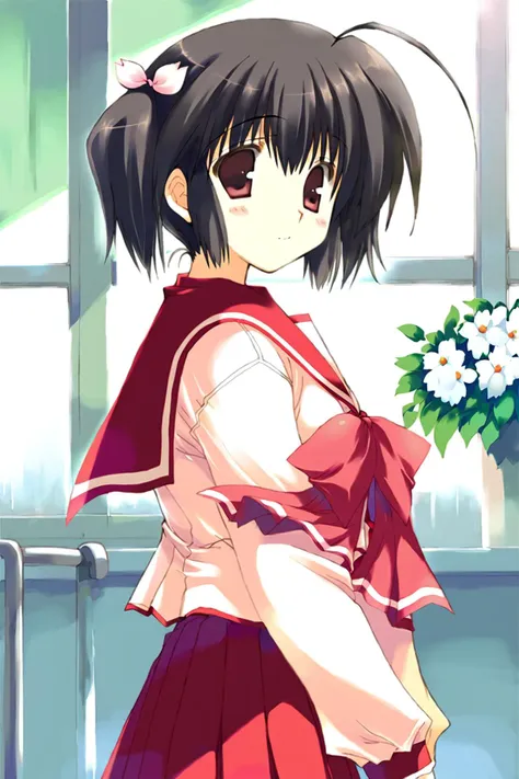 core_9,score_8_up,uncensored,1girl,yuzuhara konomi,1girl,solo,school uniform,long sleeves,twintails,skirt,flower,serafuku,red eyes,bow,ahoge,short hair,blush,looking at viewer,pleated skirt,red skirt,black hair,hair ornament,short twintails,brown hair,hair flower,<lora:yuzuhara konomi:1>,, core_9,score_8_up,uncensored,1girl