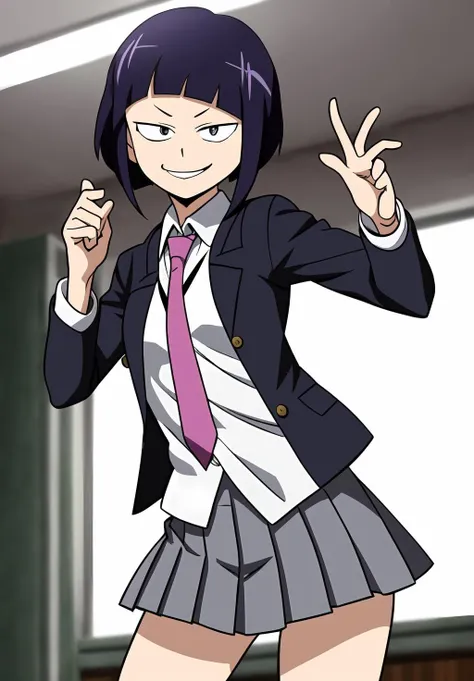 <lora:kyoka_jiro:0.8>, kyoka_jiro, (masterpiece, best quality,perfect lighting), 1girl, solo, smirk, strike a pose, u.a. school uniform, grey jacket, collared shirt, pleated skirt, necktie, white shirt,