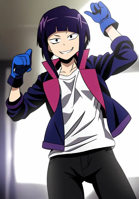 <lora:kyoka_jiro:0.8>, kyoka_jiro, (masterpiece, best quality,perfect lighting), 1girl, solo, smirk, strike a pose, shirt, gloves, jacket, open clothes,