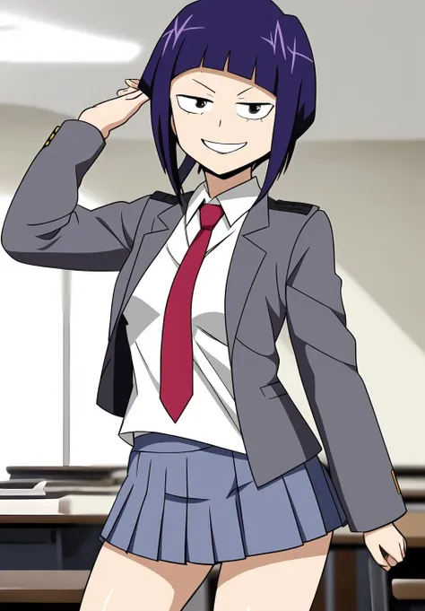 <lora:kyoka_jiro:0.8>, kyoka_jiro, (masterpiece, best quality,perfect lighting), 1girl, solo, smirk, strike a pose, u.a. school uniform, grey jacket, collared shirt, pleated skirt, necktie, white shirt,