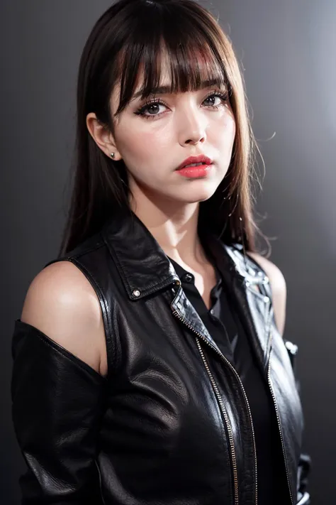 1girl, bangs, dark background, black jacket, black shirt, collared shirt, grey eyes,leather jacket, lips, long hair, looking at viewer, makeup, realistic, red lips, shirt, solo, upper body masterpiece, best quality,