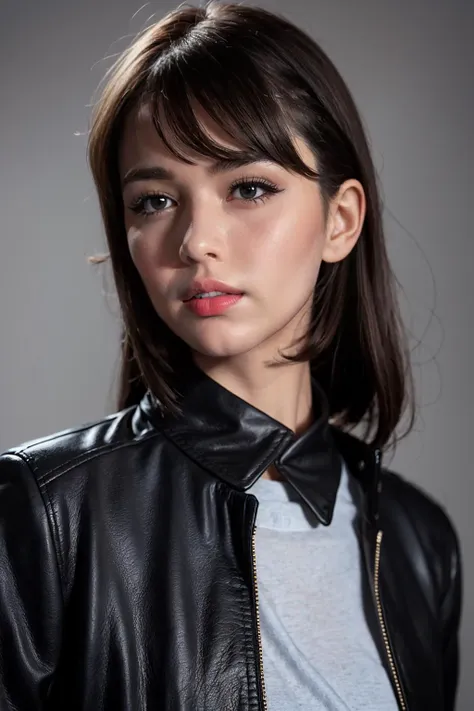 1girl, bangs, dark background, black jacket, black shirt, collared shirt, grey eyes,leather jacket, lips, long hair, looking at viewer, makeup, realistic, red lips, shirt, solo, upper body masterpiece, best quality,