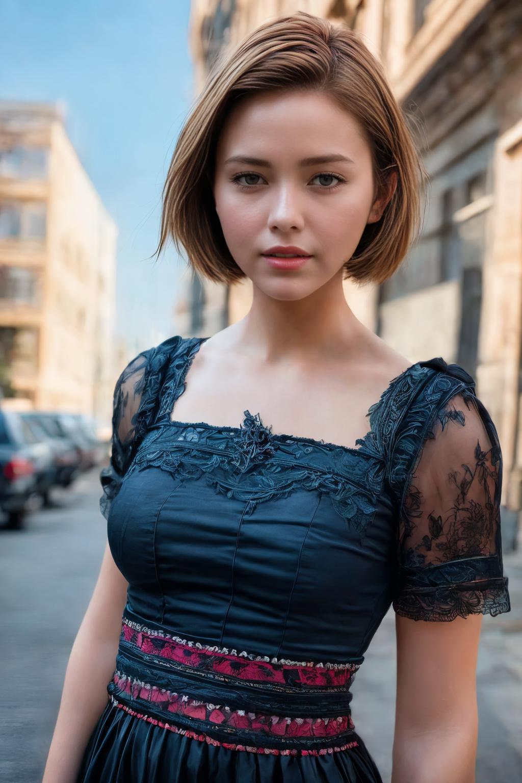 A woman in a black dress standing on a city street - SeaArt AI