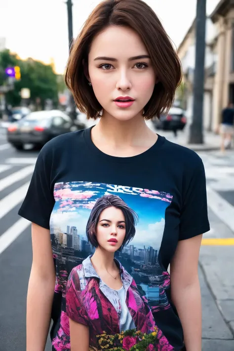 absolutely-impressive-lifelike-photo-realistic, outdoors, on the street, 1girl, short hair, casual t-shirt, (photo-of-real-life) , hyper realistic, insanely detailed and intricate, hyper maximalist, elegant, super detailed, dynamic pose, photography