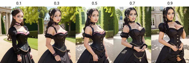 abigail,Masterpiece, best quality, ultra high res, (face focus:1.2), (photorealistic:1.4) , fit, tiny waist, smiling, blushing, pink cheeks, standing, model , tight corset, ( black victorian style dress, beautiful face, makeup:1.4), Chateau de Versailles, France, garden of versailles, flowers, modelshoot style, neutral expression, <lora:Abigail:0.1>