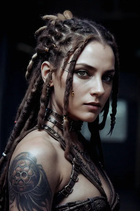 ASCIIa woman with dread locks and makeup looks into the camera with a creepy look on her face and eyes, Android Jones, biopunk, concept art, video art, matrix color grading, tattoos in her face, scify,  <lora:edgsteampunk:0.2> steampunk_costume,  <lora:steampunkai:0.3> steampunkai