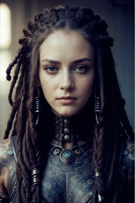 ASCIIa girl 18 years old, with dread locks and makeup looks into the camera with a creepy look on her face and eyes, Android Jones, biopunk, concept art, video art, matrix color grading, tattoos in her face, scify, <lora:edgsteampunk:0.2> steampunk_costume, <lora:steampunkai:0.3> steampunkai