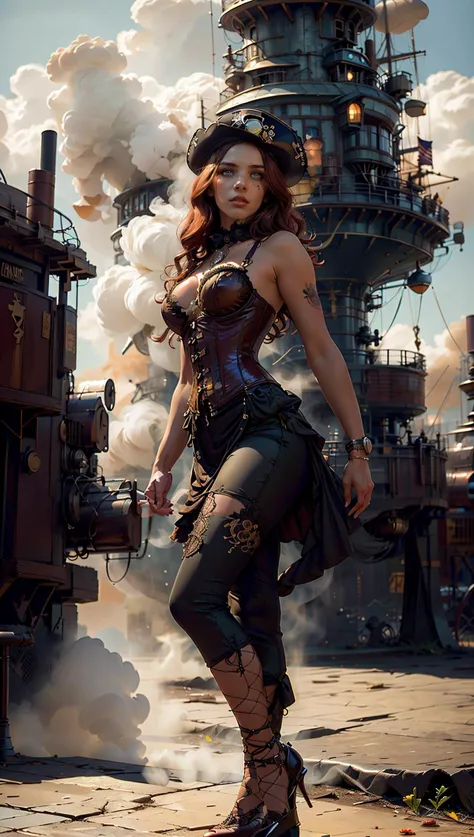 full body, a cute 20yr old, 1girl with (small breasts:.5), (extremely detailed face and hazel eyes:1.5), steam punk, steampunk era, standing on a dock, pirate ships, elegant flowers, a gorgeous auburn hair, (red and white steampunk_costume:.5),, (Masterpiece, best quality, highres:1.2), (photo realistic:1.2),raw photo, <lora:SteamPunkMachineryv2:0.8> SteamPunk <lora:edgSteampunk:0.5> steampunk_costume, corset, hat, check the images for more