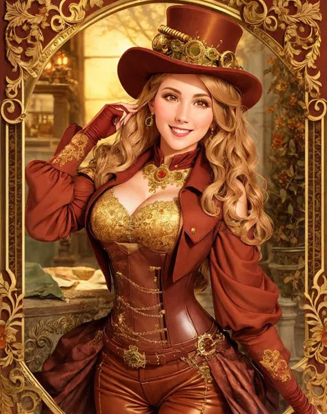 Masterpiece, absurdres, fine detail, HDR, highly detailed face, smiling, excited, steampunk_costume, a woman in a steampunk costume posing for a picture ,wearing steampunk_costume <lora:steampunk_costume:0.7>