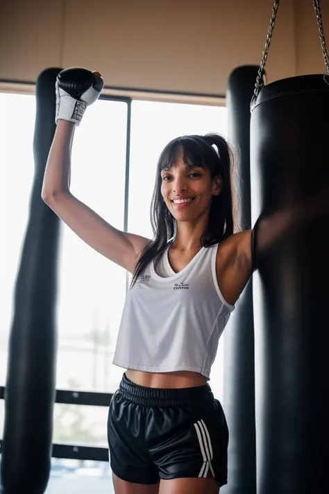 DEN_vyni_SG,
(working out in a gym wearing gym wear and shorts, boxing, punching bag, fighting pose, punching, boxing gloves:1.2),
bokeh, f1.4, 40mm, photorealistic, raw, 8k, textured skin, skin pores, intricate details <lora:epi_noiseoffset2:1>, epiCRealism <lora:ClothingAdjuster3:-1>