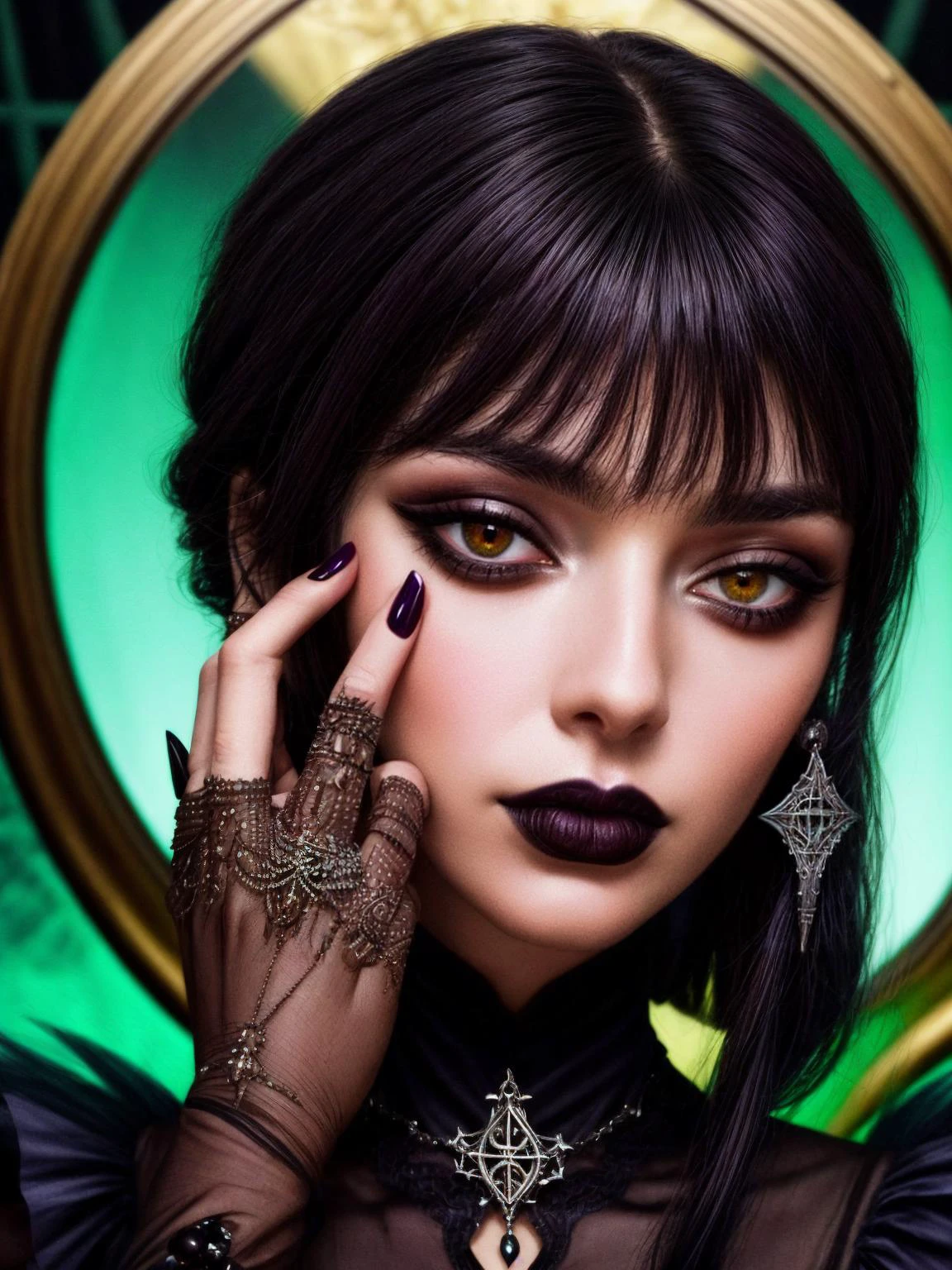 worst quality, portrait of a woman in a gothic-inspired ensemble with dark hues and intricate accessories <lora:BDOneStyle:0.85> <lora:epiCRealismHelper:1>, <lora:add_detail:1>, bangs, hand on own cheek, <lora:filmgrain_slider_v1:1.5>