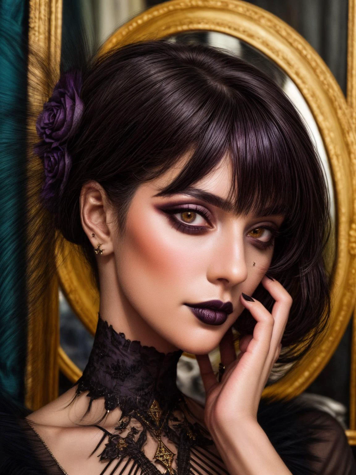 worst quality, portrait of a woman in a gothic-inspired ensemble with dark hues and intricate accessories <lora:BDOneStyle:0.85> <lora:epiCRealismHelper:1>, <lora:add_detail:1>, bangs, hand on own face, <lora:filmgrain_slider_v1:1.5>