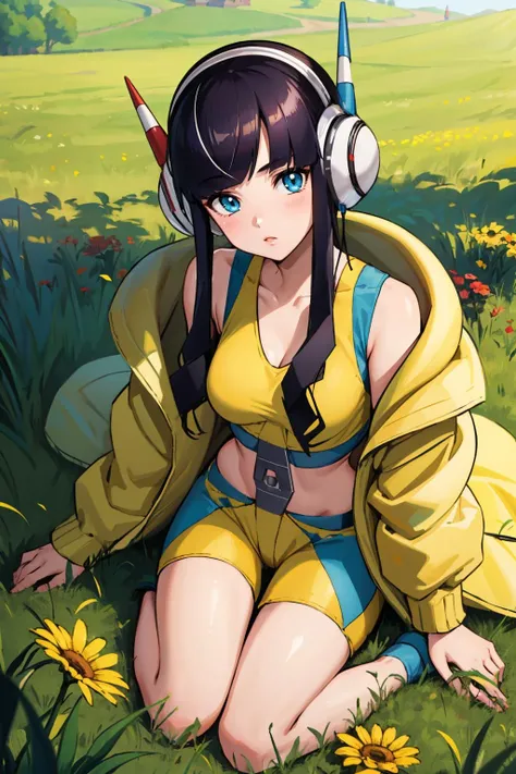 masterpiece, best quality, <lora:elesa-nvwls-v1-000010:0.9> bw2elesa, black hair, streaked hair, long sidelocks, hair ornaments, headphones, yellow jacket, puffy jacket, yellow crop top, yellow and blue shorts, wariza, field, grass, flowers, looking at viewer, from above
