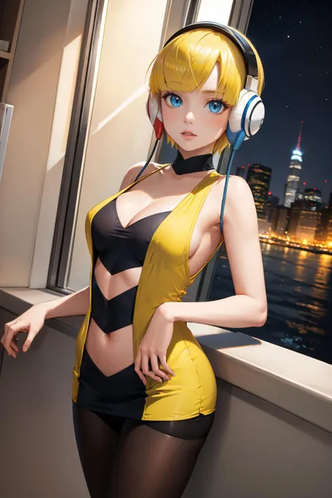 masterpiece, best quality, <lora:elesa-nvwls-v1-000010:0.9> bw1elesa, blonde hair, short hair, headphones, cables, choker, cleavage, black and yellow dress, short dress, clothing cutout, navel cutout, sleeveless, pantyhose, cowboy shot, night, seaside, cityscape