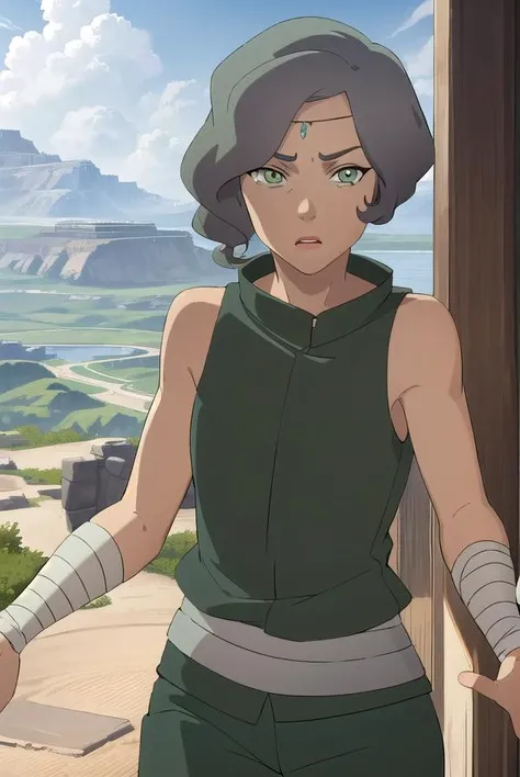 avatarsuyin, <lora:avatar suyin-lora-nochekaiser:1>,
suyin, short hair, grey hair, (green eyes:1.5), dark skin, dark-skinned female,
BREAK sleeveless, pants, bandages, green pants, wrist wrap, ankle wrap,
BREAK outdoors, forest, nature, grass, trees, sun, sky, clouds,
BREAK looking at viewer, (cowboy shot:1.5),
BREAK <lyco:GoodHands-beta2:1>, (masterpiece:1.2), best quality, high resolution, unity 8k wallpaper, (illustration:0.8), (beautiful detailed eyes:1.6), extremely detailed face, perfect lighting, extremely detailed CG, (perfect hands, perfect anatomy),