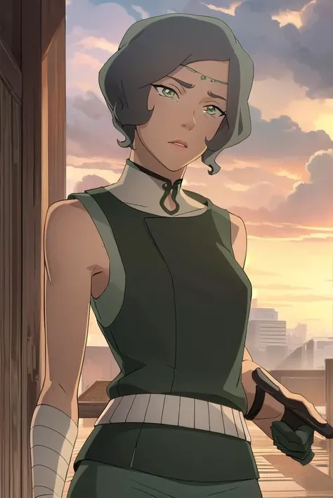 Toph beifong, earth bender outfit/little covering, earth kingdom background, tight butt,