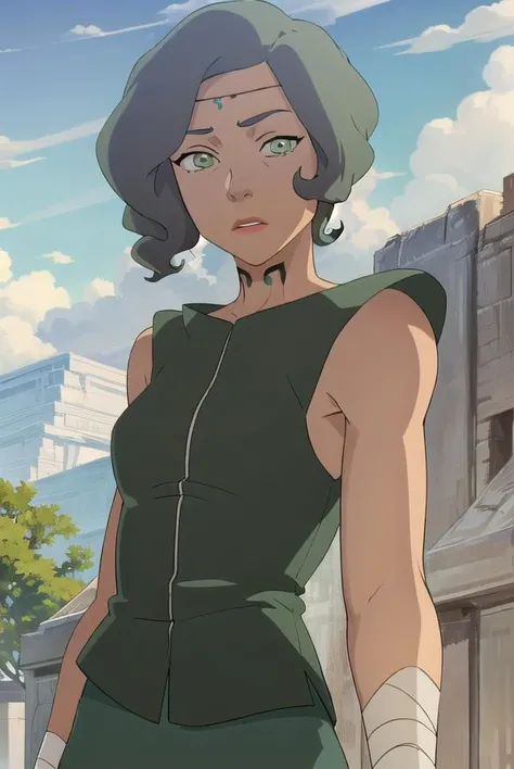 avatarsuyin, <lora:avatar suyin-lora-nochekaiser:1>,
suyin, short hair, grey hair, (green eyes:1.5), dark skin, dark-skinned female,
BREAK sleeveless, pants, bandages, green pants, wrist wrap, ankle wrap,
BREAK outdoors, forest, nature, grass, trees, sun, sky, clouds,
BREAK looking at viewer, (cowboy shot:1.5),
BREAK <lyco:GoodHands-beta2:1>, (masterpiece:1.2), best quality, high resolution, unity 8k wallpaper, (illustration:0.8), (beautiful detailed eyes:1.6), extremely detailed face, perfect lighting, extremely detailed CG, (perfect hands, perfect anatomy),