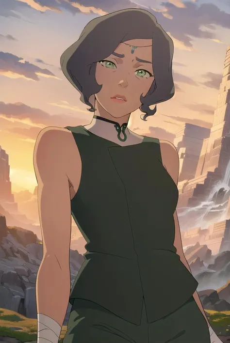 avatarsuyin, <lora:avatar suyin-lora-nochekaiser:1>,
suyin, short hair, grey hair, (green eyes:1.5), dark skin, dark-skinned female,
BREAK sleeveless, pants, bandages, green pants, wrist wrap, ankle wrap,
BREAK outdoors, forest, nature, grass, trees, sun, sky, clouds,
BREAK looking at viewer, (cowboy shot:1.5),
BREAK <lyco:GoodHands-beta2:1>, (masterpiece:1.2), best quality, high resolution, unity 8k wallpaper, (illustration:0.8), (beautiful detailed eyes:1.6), extremely detailed face, perfect lighting, extremely detailed CG, (perfect hands, perfect anatomy),