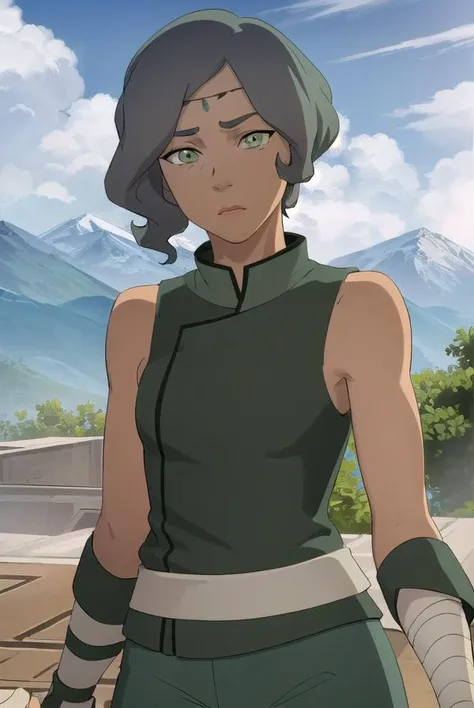 avatarsuyin, <lora:avatar suyin-lora-nochekaiser:1>,
suyin, short hair, grey hair, (green eyes:1.5), dark skin, dark-skinned female,
BREAK sleeveless, pants, bandages, green pants, wrist wrap, ankle wrap,
BREAK outdoors, forest, nature, grass, trees, sun, sky, clouds,
BREAK looking at viewer, (cowboy shot:1.5),
BREAK <lyco:GoodHands-beta2:1>, (masterpiece:1.2), best quality, high resolution, unity 8k wallpaper, (illustration:0.8), (beautiful detailed eyes:1.6), extremely detailed face, perfect lighting, extremely detailed CG, (perfect hands, perfect anatomy),
