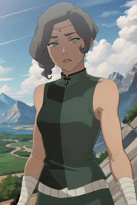 avatarsuyin, <lora:avatar suyin-lora-nochekaiser:1>,
suyin, short hair, grey hair, (green eyes:1.5), dark skin, dark-skinned female,
BREAK sleeveless, pants, bandages, green pants, wrist wrap, ankle wrap,
BREAK outdoors, forest, nature, grass, trees, sun, sky, clouds,
BREAK looking at viewer, (cowboy shot:1.5),
BREAK <lyco:GoodHands-beta2:1>, (masterpiece:1.2), best quality, high resolution, unity 8k wallpaper, (illustration:0.8), (beautiful detailed eyes:1.6), extremely detailed face, perfect lighting, extremely detailed CG, (perfect hands, perfect anatomy),