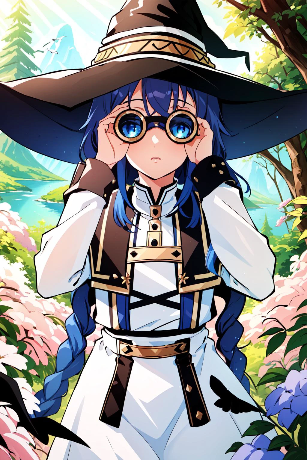 (masterpiece, best quality), intricate details,
1girl, <lora:RoxyMigurdiaNDV-10:0.8> RoxyMigurdiaNDV, 1girl, blue hair, blue eyes, small breasts, long hair, hair between eyes, twin braids, capelet, white dress, witch hat
outdoors, forest, birds, flowers, looking through binoculars,