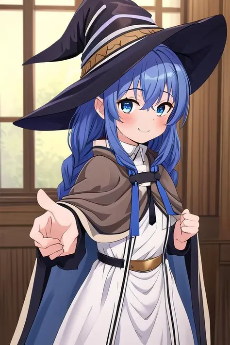 masterpiece,ultradetail, <lora:anmnr01:0.3> <lora:add_detail:0.5>,<lora:GoodHands-vanilla:0.8>,1girl,petite,RoxyMigurdiaNDV, 1girl, blue hair, blue eyes, small breasts, long hair, hair between eyes, twin braids, white dress, (witch hat,,brown cloak) <lora:RoxyMigurdiaNDV:0.6>indoor,smile,looking at viewer,reach for viewer