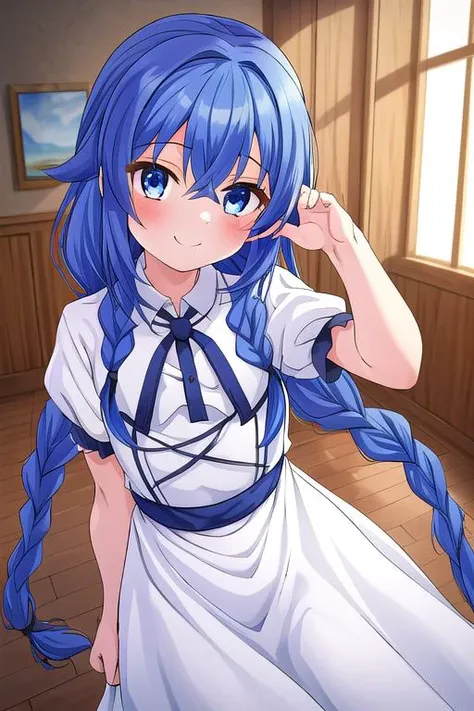 masterpiece,ultradetail, <lora:anmnr01:0.3>  <lora:add_detail:0.5>,<lora:GoodHands-vanilla:0.8>,1girl,petite,RoxyMigurdiaNDV, 1girl, blue hair, blue eyes, small breasts, long hair, hair between eyes, twin braids, white dress, <lora:RoxyMigurdiaNDV:0.6>indoor,sitting looking far,blush, <lora:sensualface_type1:1>,open mouth,steam