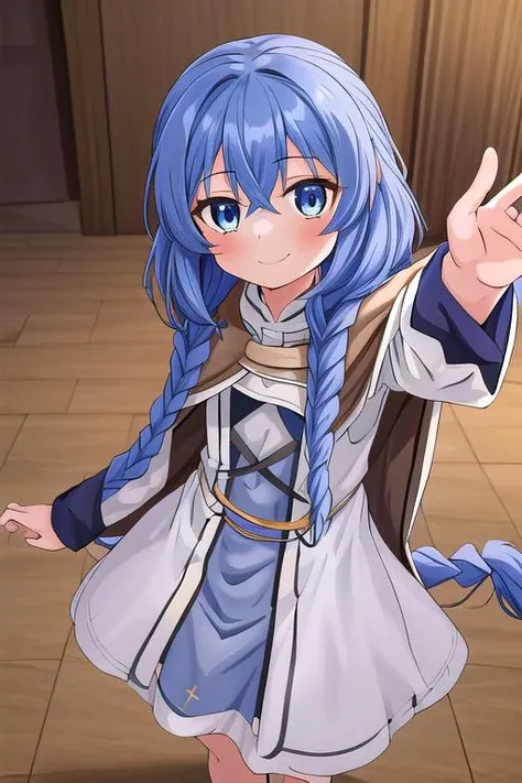 masterpiece,ultradetail, <lora:anmnr01:0.3> <lora:add_detail:0.5>,<lora:GoodHands-vanilla:0.8>,1girl,petite,RoxyMigurdiaNDV, 1girl, blue hair, blue eyes, small breasts, long hair, hair between eyes, twin braids, white dress, (,,brown cloak) <lora:RoxyMigurdiaNDV:0.6>indoor,smile,looking at viewer,reach for viewer
