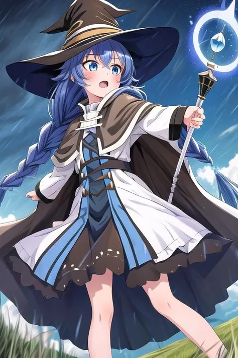 masterpiece,ultradetail, <lora:anmnr01:0.3>  <lora:add_detail:0.5>,<lora:GoodHands-vanilla:0.8>,1girl,petite,RoxyMigurdiaNDV, 1girl, blue hair, blue eyes, small breasts, long hair, hair between eyes, twin braids, white dress, (witch hat,,brown cloak) <lora:RoxyMigurdiaNDV:0.6>grassland,staff,magic circle,magic effect,open mouth,strong wind,storm,cinematic angle,stylish pose,fullbody