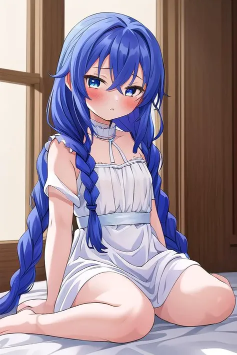 masterpiece,ultradetail, <lora:anmnr01:0.3> <lora:add_detail:0.5>,<lora:GoodHands-vanilla:0.8>,1girl,petite,RoxyMigurdiaNDV, 1girl, blue hair, blue eyes, small breasts, long hair, hair between eyes, twin braids, white dress, <lora:RoxyMigurdiaNDV:0.6>indoor,sitting looking far,blush, <lora:sensualface_type1:1>