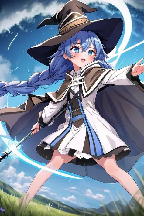 masterpiece,ultradetail, <lora:anmnr01:0.3> <lora:add_detail:0.5>,<lora:GoodHands-vanilla:0.8>,1girl,petite,RoxyMigurdiaNDV, 1girl, blue hair, blue eyes, small breasts, long hair, hair between eyes, twin braids, white dress, (witch hat,,brown cloak) <lora:RoxyMigurdiaNDV:0.6>grassland,staff,magic circle,magic effect,open mouth,strong wind,storm,cinematic angle,stylish pose,fullbody