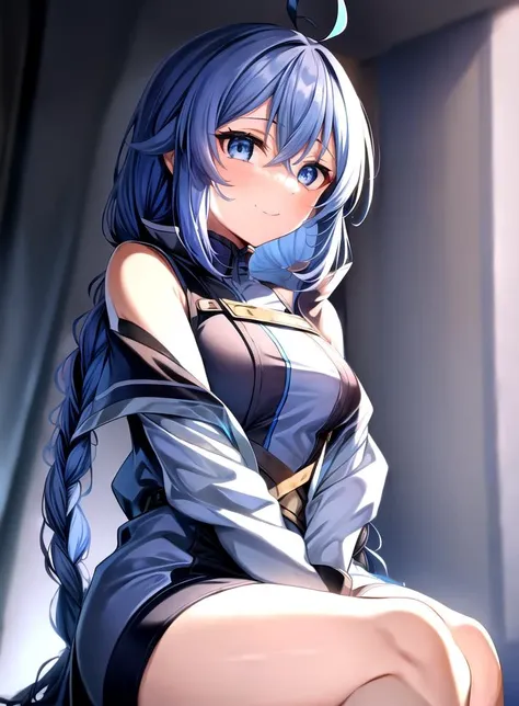 <lora:RoxyMigurdiaNDV:0.7>,1girl,blue hair, blue eyes,small breasts,long hair,hair between eyes,twin braids,(smile face),(cyberpunk city background:1.1),(serape :1.2),(Sitting cross-legged, pretending to open a gift box :1.1),<lora:2more_details:0.5>,detailed background,