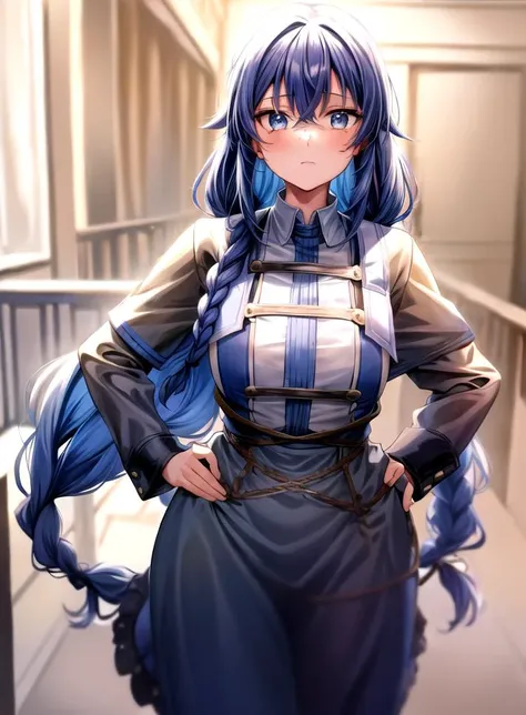 <lora:RoxyMigurdiaNDV:0.7>,1girl,blue hair, blue eyes,small breasts,long hair,hair between eyes,twin braids,(envious face),(court background:1.1),(cowboy outfit :1.2),(Standing on one leg with hands on hips :1.1),<lora:2more_details:0.5>,detailed background,