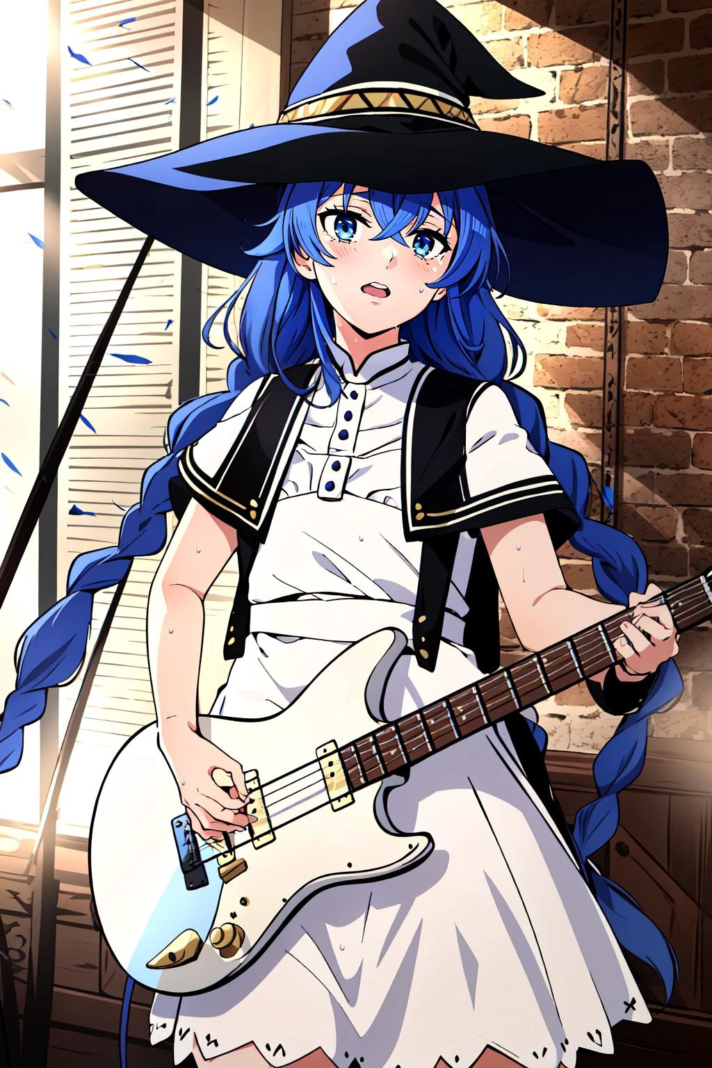 (masterpiece, best quality), intricate details,
1girl, <lora:RoxyMigurdiaNDV-10:0.8> RoxyMigurdiaNDV, 1girl, blue hair, blue eyes, small breasts, long hair, hair between eyes, twin braids, capelet, white dress, witch hat
indoors, on stage, concert, holding guitar, singing, sweating,