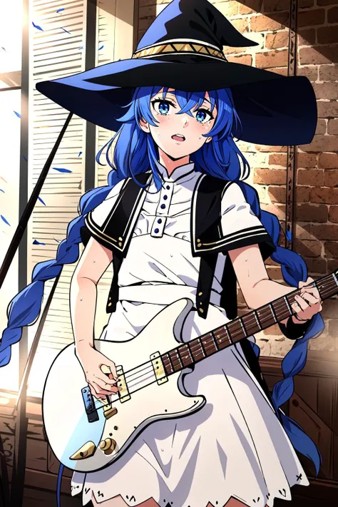 (masterpiece, best quality),  intricate details,
1girl,    <lora:RoxyMigurdiaNDV-10:0.8> RoxyMigurdiaNDV, 1girl, blue hair, blue eyes, small breasts, long hair, hair between eyes, twin braids, capelet, white dress, witch hat
indoors, on stage, concert,  holding guitar, singing, sweating,