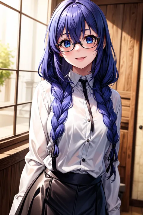 best quality, masterpiece, 1girl, (solo:1.1), raytracing, ultra detailed,detailed face, 8k wallpaper, (wide hips:0.8), <lora:more_details:0.5>, RoxyMigurdiaNDV, 1girl, blue hair, blue eyes, small breasts, long hair, hair between eyes, twin braids, indoor, leather skirt, white shirt, glasses, <lora:RoxyMigurdiaNDV:0.7>, smile,