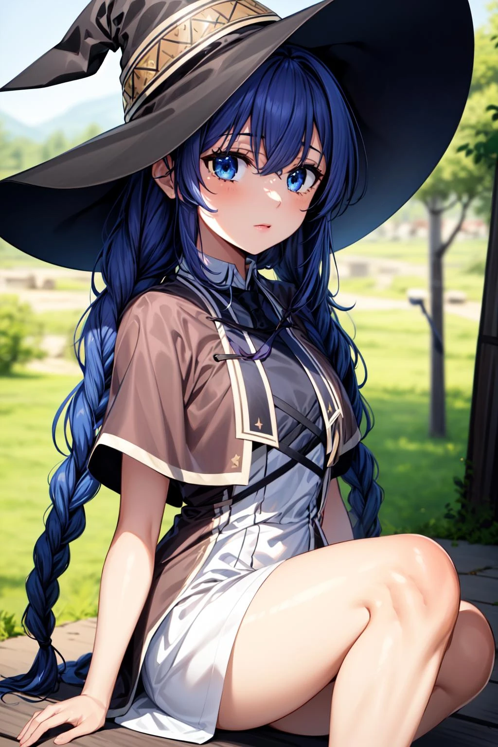 best quality, masterpiece, 1girl, (solo:1.1), raytracing, ultra detailed,detailed face, 8k wallpaper, (wide hips:0.8), <lora:more_details:0.5>, RoxyMigurdiaNDV, 1girl, blue hair, blue eyes, small breasts, long hair, hair between eyes, twin braids, capelet, white dress, witch hat, outdoor, <lora:RoxyMigurdiaNDV:0.7>, sitting