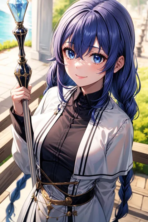 best quality, masterpiece, 1girl, (solo:1.1), raytracing, ultra detailed,detailed face, 8k wallpaper, (wide hips:0.8), <lora:more_details:0.5>, RoxyMigurdiaNDV, 1girl, blue hair, blue eyes, small breasts, long hair, hair between eyes, twin braids, capelet, white dress, witch hat, outdoor, <lora:RoxyMigurdiaNDV:0.7>, smile, staff, dynamic pose, top view