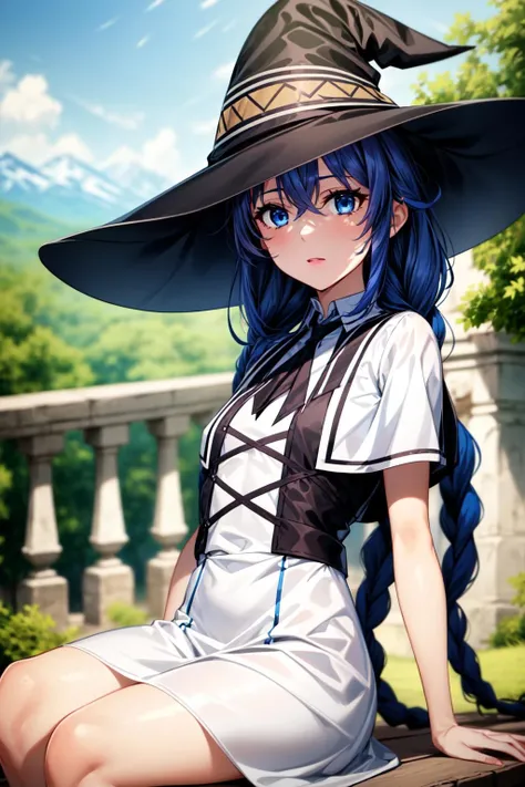 Ranni the witch (blue hair) lifting up her skirt (sheer white gown) and pinching her nipples (small breast) while resting at a site of grace (dark forest background) full face blushing while sweating a lot looking at viewer with horny smile