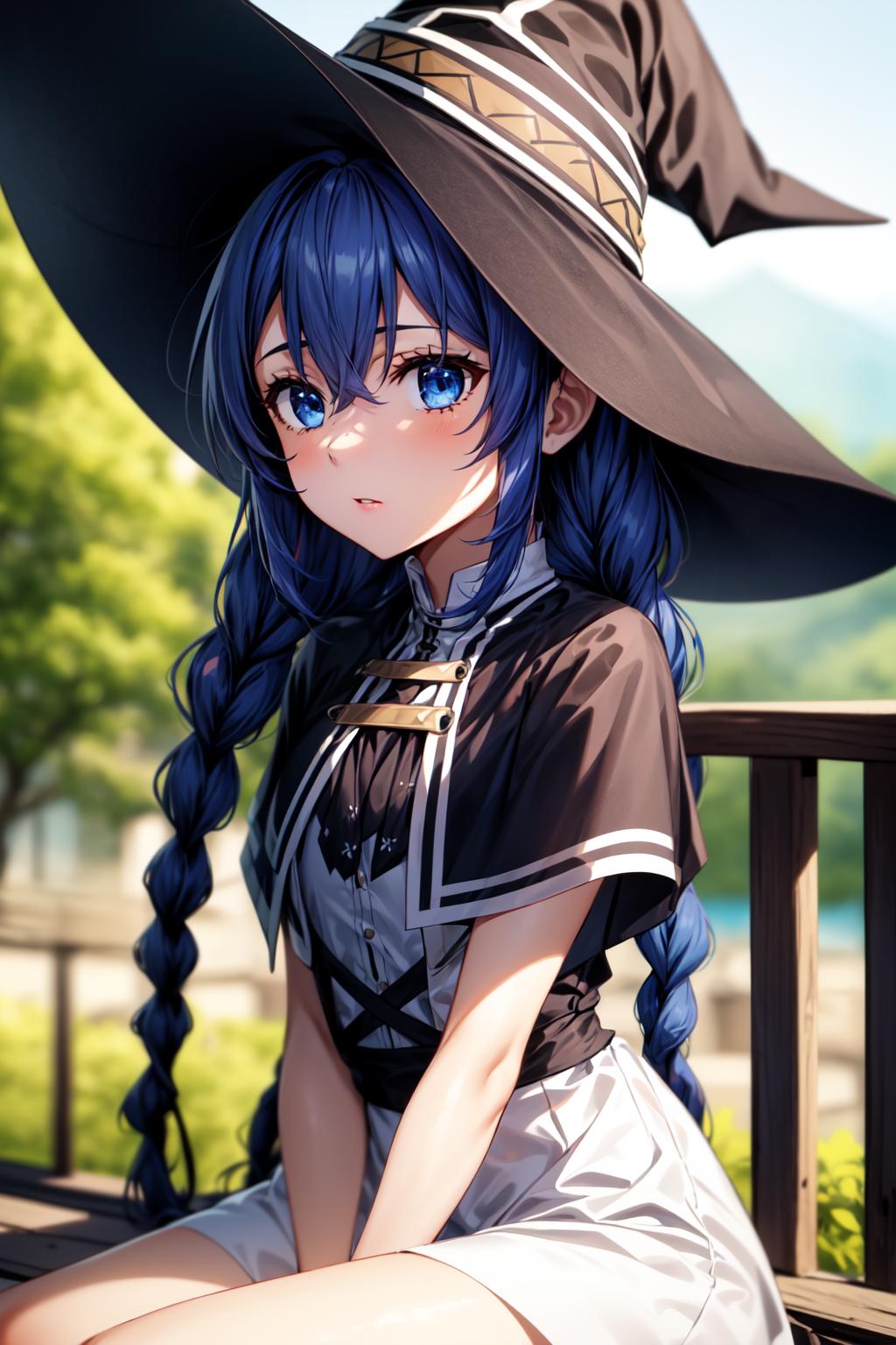 Anime girl with blue hair wearing a black hat and white dress - SeaArt AI